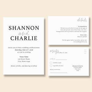NORA | Conjunto de convites de casamento impressos – Convite minimalista moderno A7 + cartão postal RSVP + cartão de detalhes – Texto personalizado em papel cartão premium