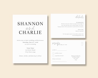 NORA / Juego de invitaciones de boda impresas – Invitación moderna minimalista A7 + Tarjeta de confirmación de asistencia + Tarjeta de detalles – Texto personalizado en cartulina de alta calidad