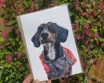 DACHSHUND blank Greetings Card designed by Bongo & Bubbles Hand Drawn Portraits