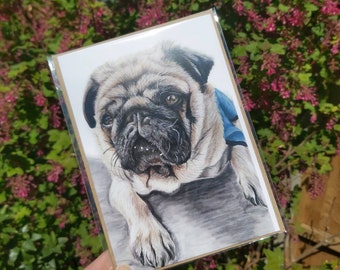 PUG blank Greetings card designed by Bongo & Bubbles Hand Drawn Portraits (5 x7 inches)