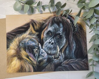 Artist BLANK Greetings CARD. Wildlife greetings card, artist card. Art Card. ORANGUTAN. Occasions Card. Art print Card. Mother's Day Card