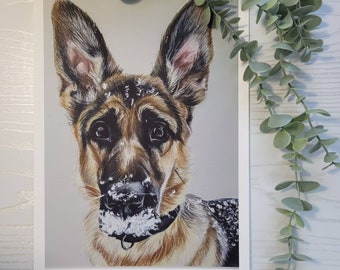 SECONDEN DUITSE HERDER Kunstprint - 'Snow Moustache'. Duitse Herder Tekening. Hond kunst print. Artist Print. Originele tekening print. Hondenkunst.