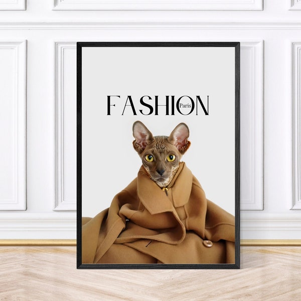 Sphynx Cat Fashion Print, Funny Cat Art, Framed Prints, Sphynx Cat in a Coat, Framed Print, Downloadable Art