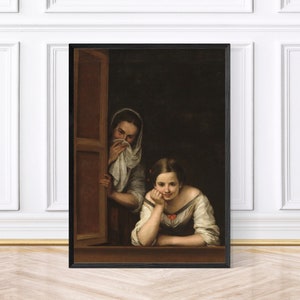 Chica en el alféizar de la ventana, decoración de baño vintage, impresión artística de pared de baño enmarcada/póster o arte digital descargable