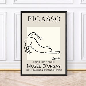 Impresión de un boceto felino al estilo Picasso, póster de exposición, decoración vintage para el hogar, impresiones enmarcadas, láminas de gatos