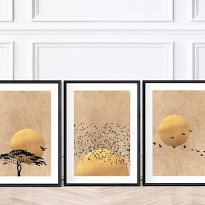 Stampe artistiche da parete con silhouette di uccelli al tramonto/alba in oro, stampe di alba, stampe per corridoi, stampe per soggiorno