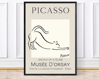 Picasso Style Sketch Of A Feline Print, Exhibition Poster, Vintage Home Decor, Framed Prints, Cat Prints