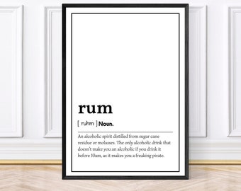 Rum Definition Wort Druck, Rum Geschenke, gerahmter Wanddruck, Bar Dekor