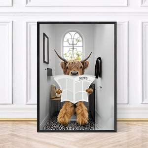 Highland Cow on the Toilet Reading a Newspaper, Funny Bathroom Print, Bathroom Decor