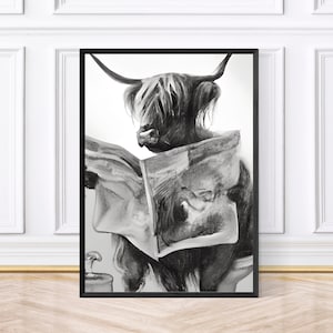 Highland Cow on the Toilet Reading a Newspaper, Funny Bathroom Print, Bathroom Decor, Framed Prints