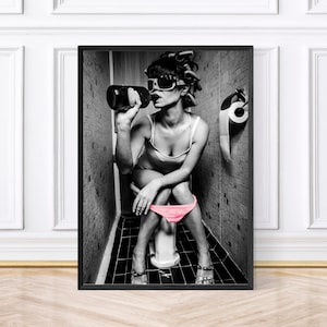 Drinking in the Bathroom, Girl on the Toilet, Black and White Bathroom Prints, Framed Print/Poster or Downloadable Art