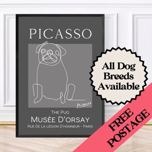 Stampa artistica da parete o disegno di un carlino in stile Picasso, arte scaricabile, stampe di carlini, stampe di cani, arte di carlini
