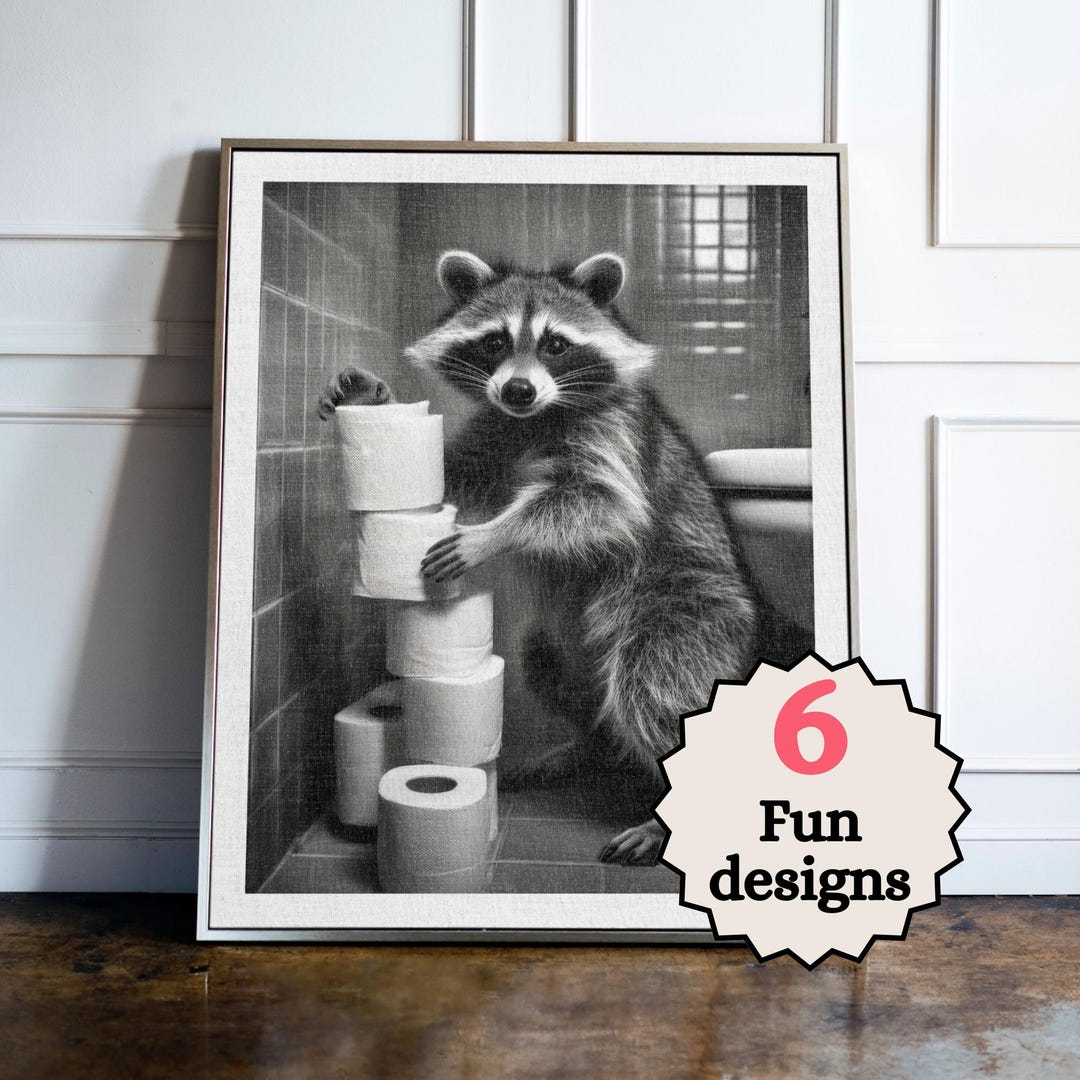 Funny Raccoon Bathroom Print, Woodland Animal Toilet Wall Art, Quirky ...