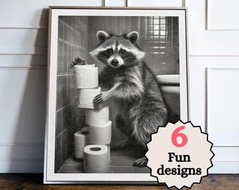 Funny Raccoon Bathroom Print, Woodland Animal Toilet Wall Art, Quirky Guest Bathroom Decor, Raccoon Poster, Animal Lover Gift