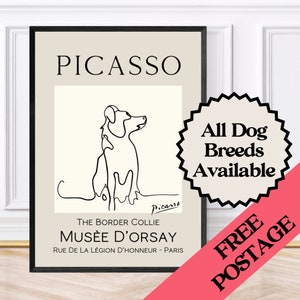 Stampa artistica da parete con disegno lineare del Border Collie di Picasso, stampe di cani, arte del Border Collie
