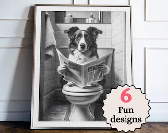 Border Collie Poster Set, Lustiger Hund Badezimmer Wandkunst, Tier Toiletten Dekor, Schruiges Badezimmer Poster, Hundeliebhaber Geschenk