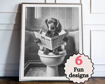 May include: Black and white photo of a dog sitting on a toilet and reading a newspaper. The dog is wearing a collar and has a serious expression on its face. The newspaper is titled "The Daily News".