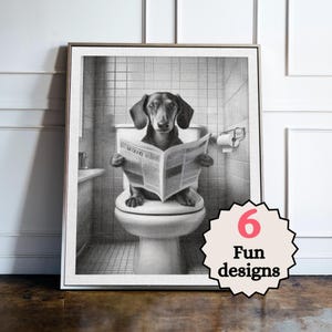 Dachshund Bathroom Print, Funny Dachshund Prints, Animals in the bathroom, Framed Print