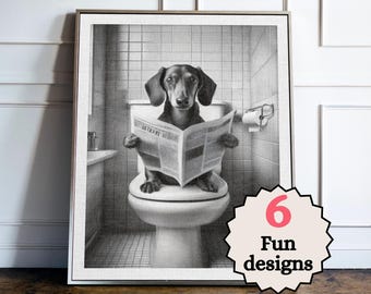 Dachshund Bathroom Print Set, Funny Dog Bathroom Wall Art, Animal Toilet Decor, Quirky Guest Bathroom Poster, Dog Lover Gift