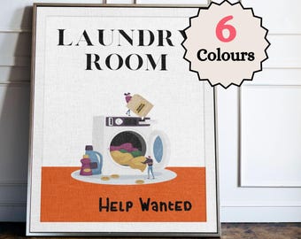 Impresión de "Se busca ayudante en la lavandería", decoración divertida para la lavandería, arte de pared para el lavadero, póster retro de lavandería, letrero humorístico para el día de lavado