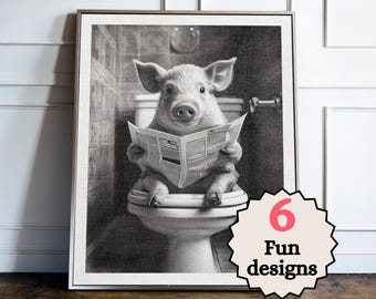 Impresión divertida de baño de cerdo, arte de pared de inodoro de animales de granja, decoración original para baño de invitados, póster de cerdo, regalo para amantes de los animales