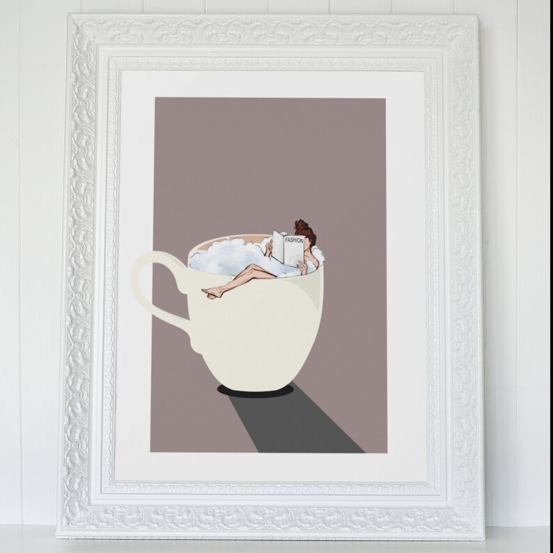 May include: A woman relaxes in a large white teacup filled with white foam, reading a magazine titled "FASHION". The scene is set against a light purple background.