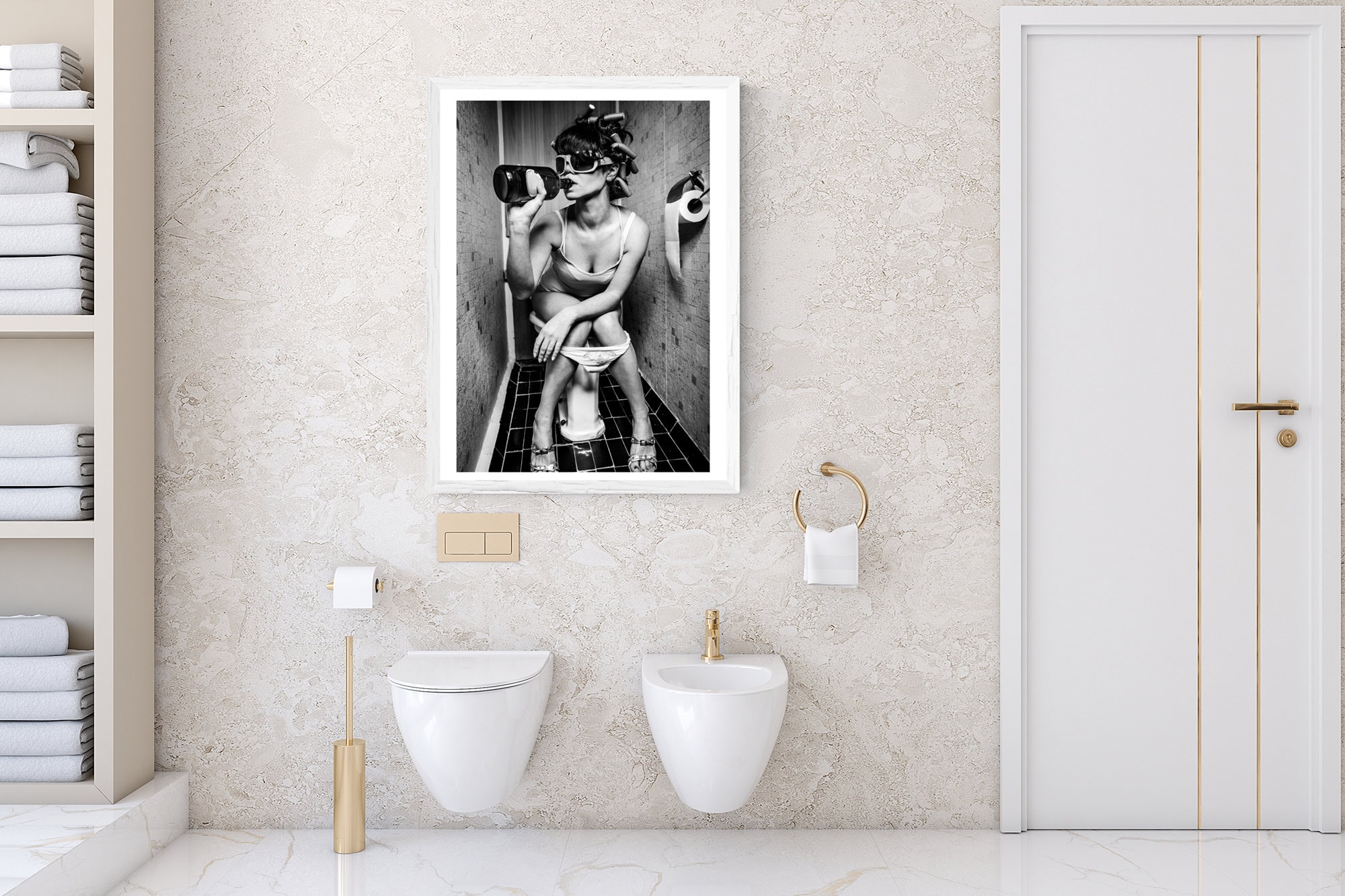 Drinking in the Bathroom, Girl on the Toilet, Black and White Bathroom Prints, Framed Print/Poster or Downloadable Art