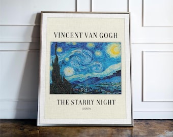 May include: A framed art print featuring Vincent van Gogh's The Starry Night. The text VINCENT VAN GOGH appears at the top, with THE STARRY NIGHT (1889) printed below the blue, yellow, and black swirling night sky painting on a cream background.