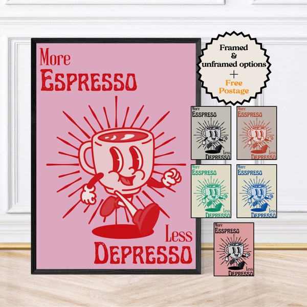 More Espresso Less Depresso, Funky Kitchen Print, Kaffeedrucke, Retro Print, gerahmte Kunst oder digitaler Download
