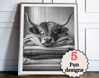 Impresión divertida de vaca de las Tierras Altas para el lavadero, decoración de animales de granja para el lavadero, arte de pared para el día del lavado, póster de animales en blanco y negro