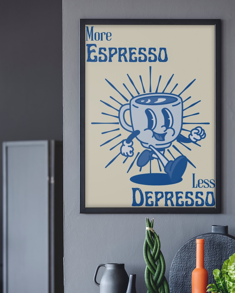 More Espresso Less Depresso, Funky Kitchen Print, Coffee Prints, Retro Print, Framed Art or Digital Download image 2