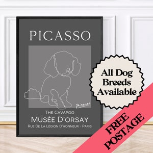 Stampa artistica da parete con disegno di Cavapoo in stile Picasso, stampa incorniciata, arte scaricabile, stampe di cani
