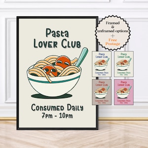 Pasta Lovers Club, Funky Kitchen Print, Spaghetti Print, Retro Print, Foodie Print, Framed Art or Digital Download
