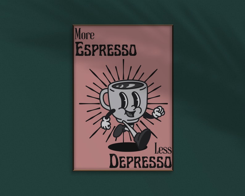 More Espresso Less Depresso, Funky Kitchen Print, Coffee Prints, Retro Print, Framed Art or Digital Download Pink & Black