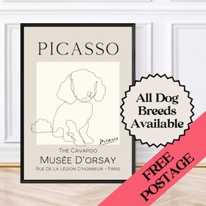 May include: A black and white line art print of a dog, titled "PICASSO" with the text "THE CAVAPOO MUSÉE D'ORSAY RUE DE LA LEGION D'HONNEUR - PARIS" below the image. The print has a beige background and a black frame. A red starburst sticker with the text "FREE POSTAGE" is in the lower right corner of the image. A beige starburst sticker with the text "All Dog Breeds Available" is in the upper right corner of the image.