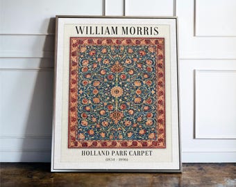 May include: A framed art print featuring the William Morris Holland Park Carpet design. The rectangular print displays a central blue field with intricate floral and vine patterns in orange, red, and green, surrounded by a decorative border.