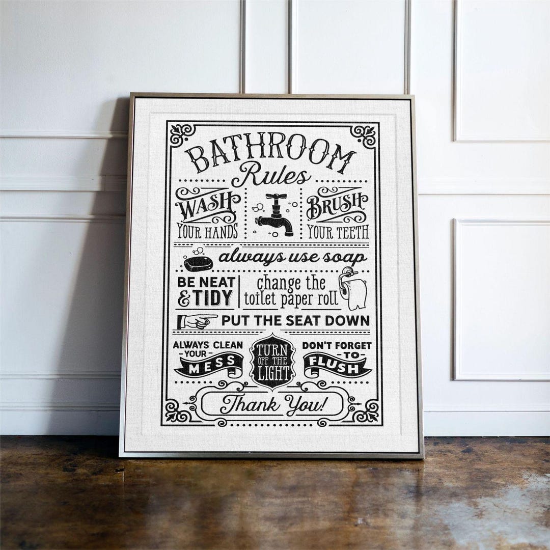Bathroom Rules Print, Farmhouse Bathroom Wall Art, Vintage Toilet