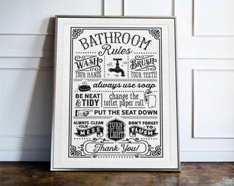 Impresión de reglas de baño, arte mural de baño rústico, letrero de baño vintage, decoración de baño retro, póster tipográfico en blanco y negro