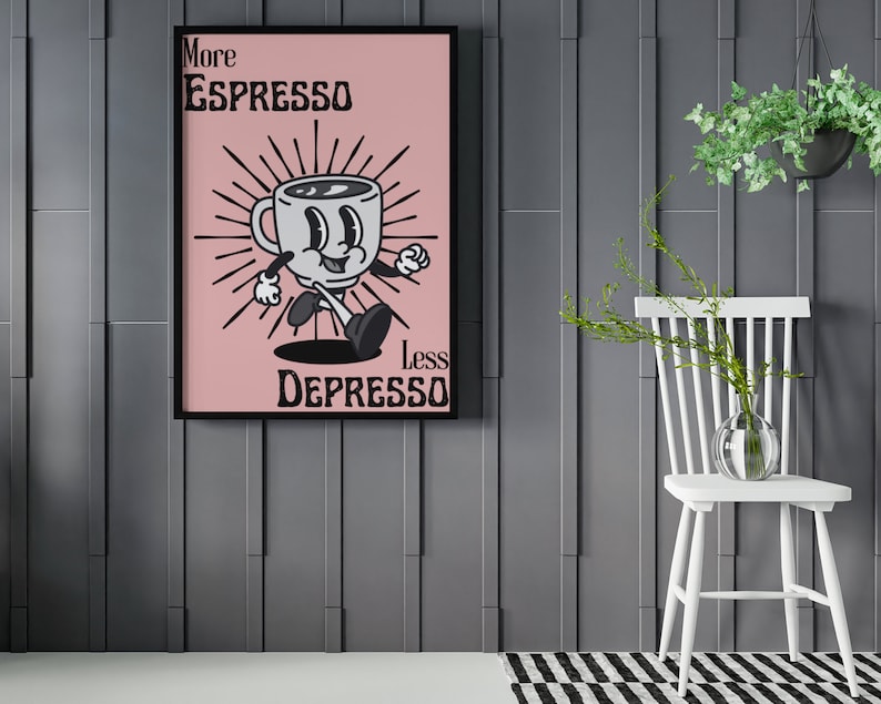 More Espresso Less Depresso, Funky Kitchen Print, Coffee Prints, Retro Print, Framed Art or Digital Download image 8