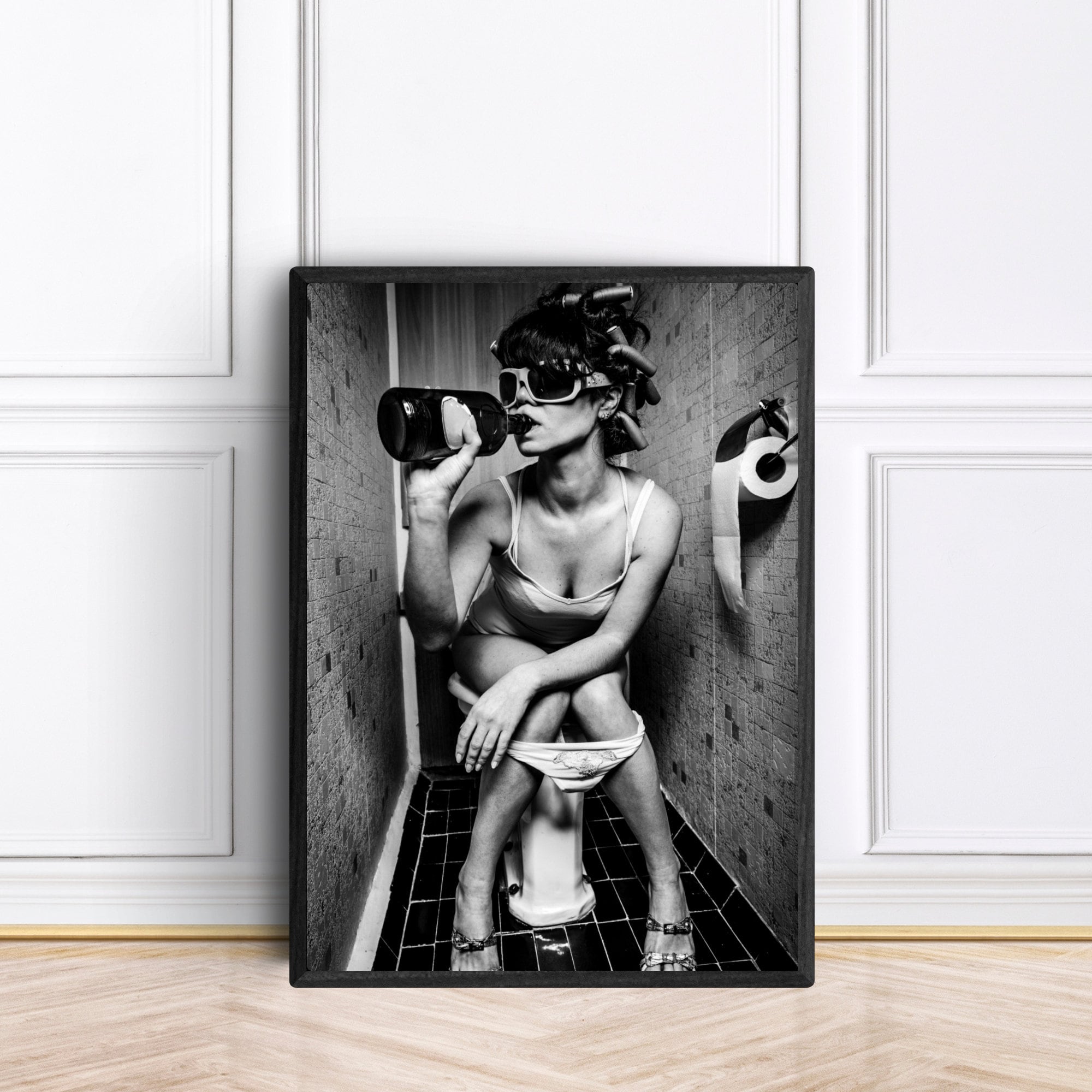 Drinking in the Bathroom, Girl on the Toilet, Black and White Bathroom Prints, Framed Print/Poster or Downloadable Art