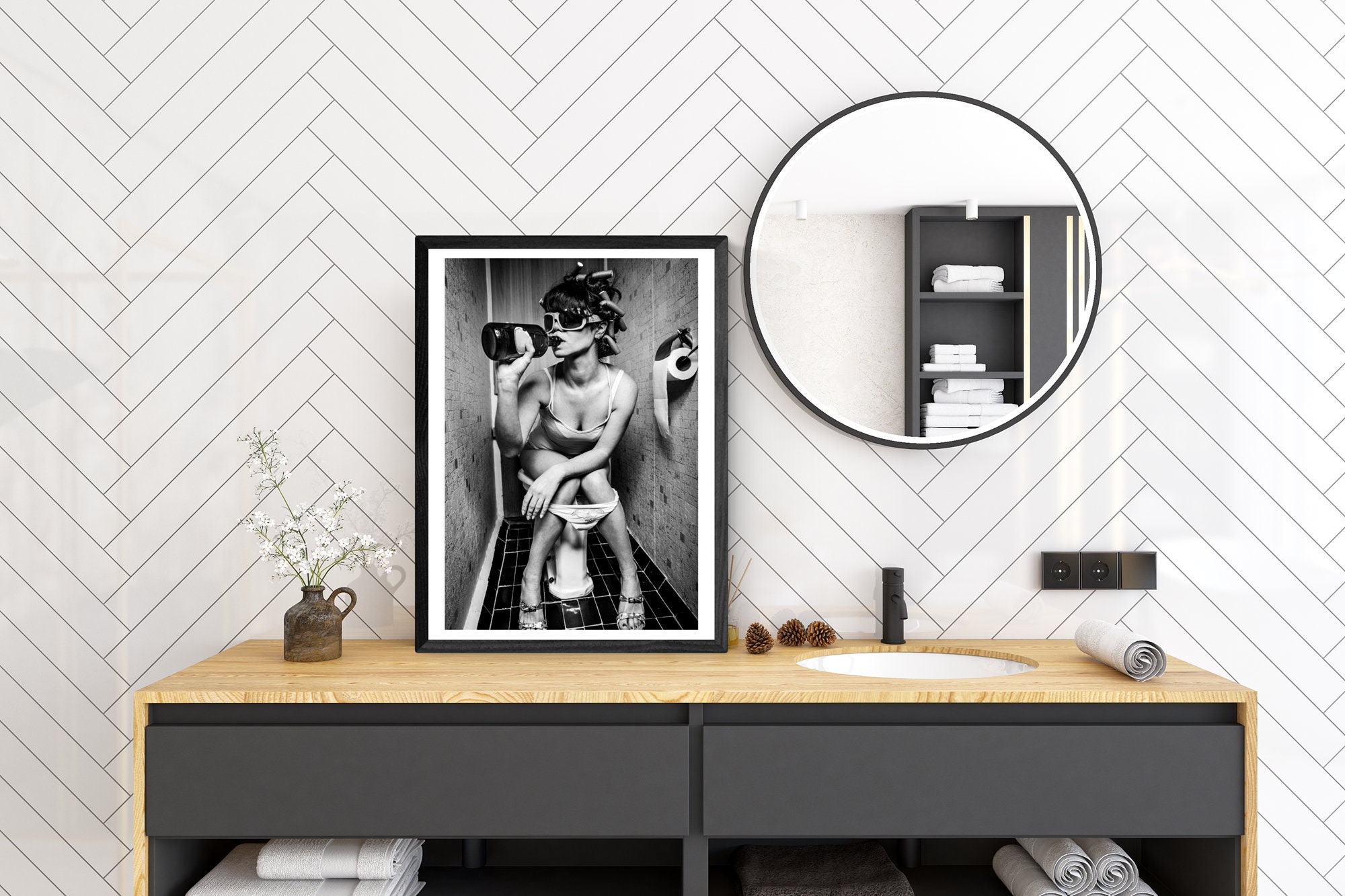 Drinking in the Bathroom, Girl on the Toilet, Black and White Bathroom Prints, Framed Print/Poster or Downloadable Art