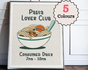 Pasta Lover Club Kitchen Print, Rolig pastaväggkonst, Italiensk matposter, Spaghetti Kitchen Decor, Matgåva för pastaälskare