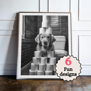 Golden Retriever Bathroom Print, Funny Golden Retriever Prints, Animals in the bathroom, Framed Print