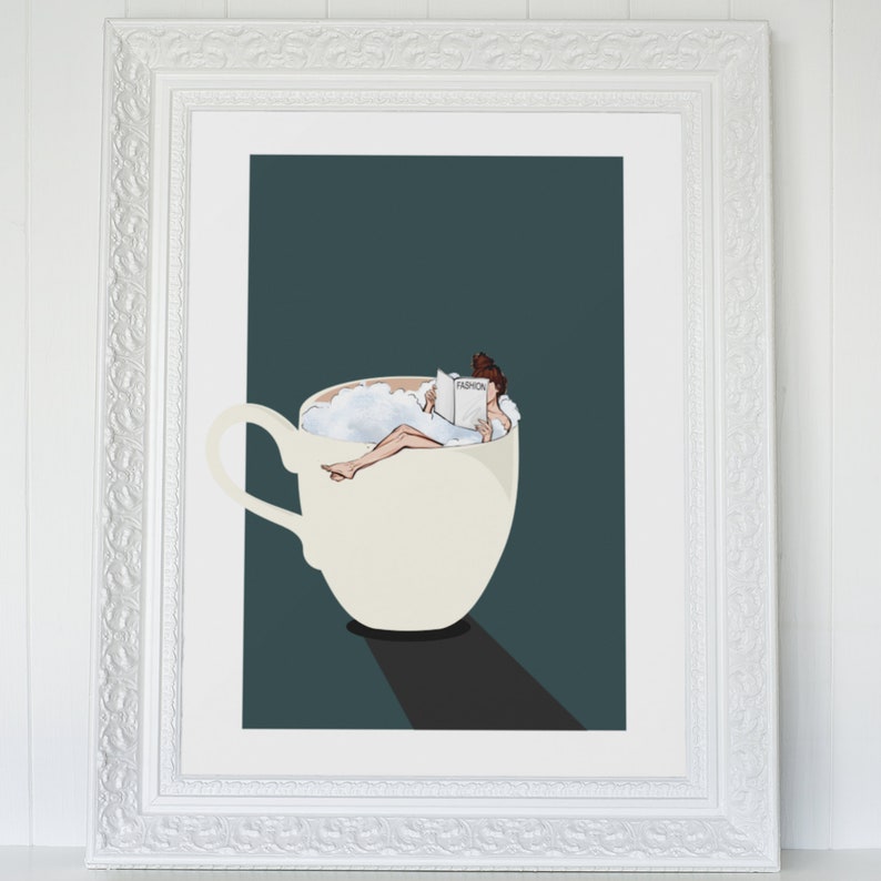May include: A woman relaxes in a white teacup filled with white foam, reading a magazine titled "Fashion" against a dark teal background.