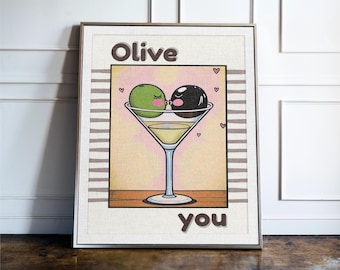 Olive You Kitchen Print, Funny Food Pun Wall Art, Retro Kitchen Decor Poster, Funky Olive Art, Foodie Gift Idea