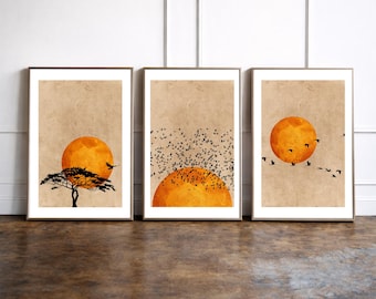 Orange Sunset Wall Art Set of 3 Prints, Minimalist Bird Wall Art, Boho Sun Triptych, Mid Century Modern Wall Decor, Nature Art Set
