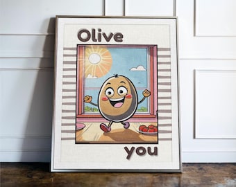 Olive You Kitchen Print, Funny Food Pun Wall Art, Retro Kitchen Decor Poster, Funky Olive Art, Foodie Gift Idea
