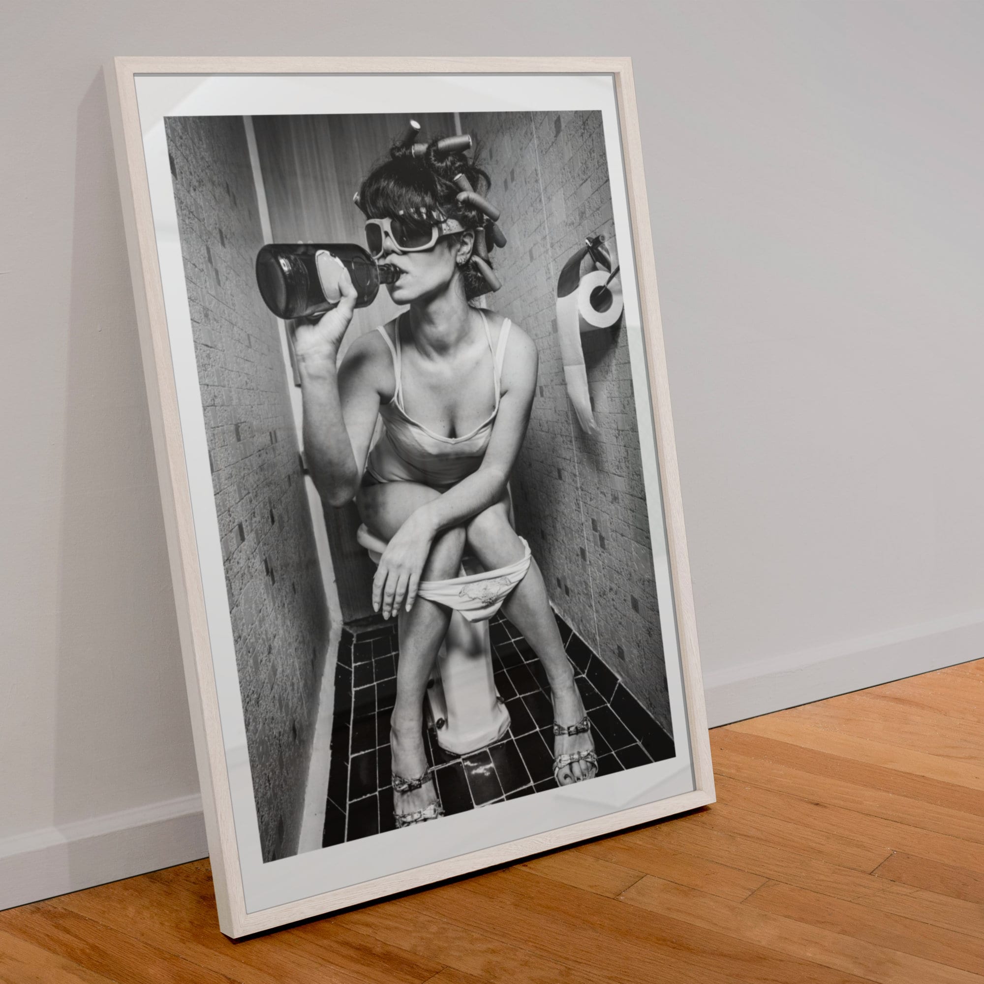 Drinking in the Bathroom, Girl on the Toilet, Black and White Bathroom Prints, Framed Print/Poster or Downloadable Art