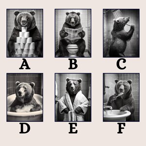 May include: A black and white photo collage of six images featuring a bear in different bathroom scenarios. The bear is shown using toilet paper, reading a newspaper on the toilet, showering, taking a bath, wearing a bathrobe, and brushing its teeth.