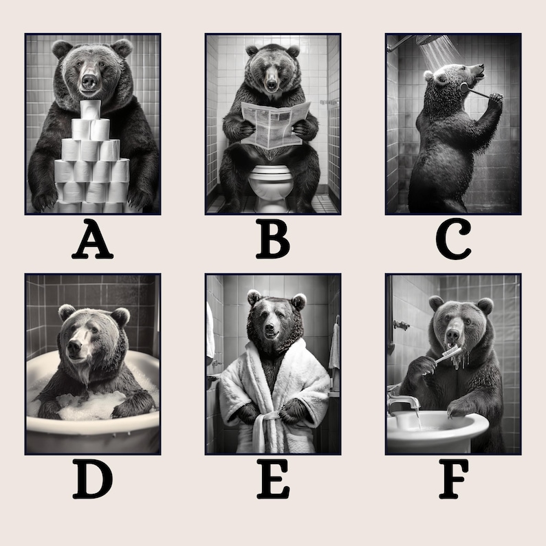 May include: A black and white photo collage of six images featuring a bear in different bathroom scenarios. The bear is shown using toilet paper, reading a newspaper on the toilet, showering, taking a bath, wearing a bathrobe, and brushing its teeth.
